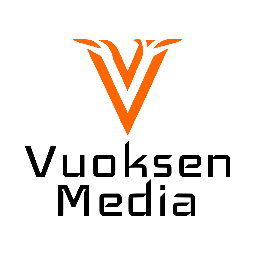 Vuoksen Media yrityksen logo, jossa oranssi V-kirjain ja sen alla musta teksti.